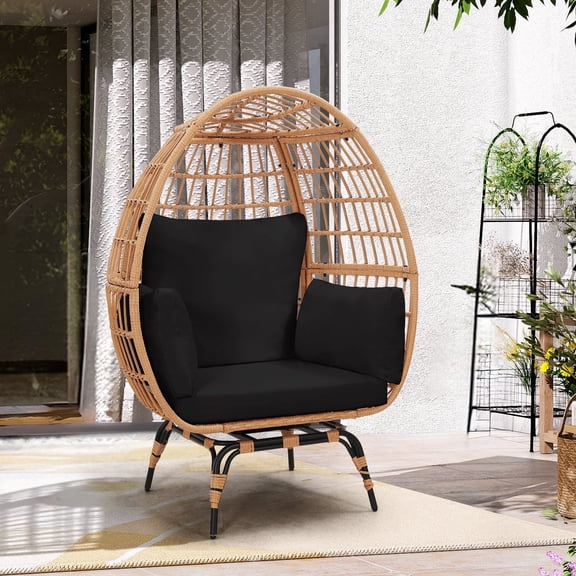 TUAREX Oversized 360° Swivel Egg Chair, Rattan Wicker Patio Egg Chair for Outdoor Indoor with Overstuffed Cushions, Natural Rattan, Black Cushion