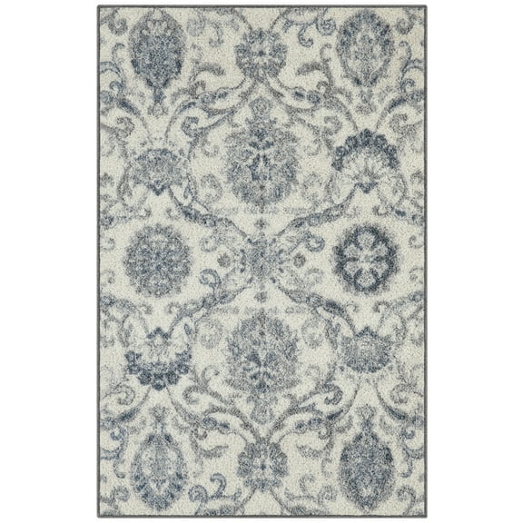 Maples Rugs - Made in USA - Blooming Damask Washable Indoor Accent Rugs, 2'6 x 3'10, Gray/Blue