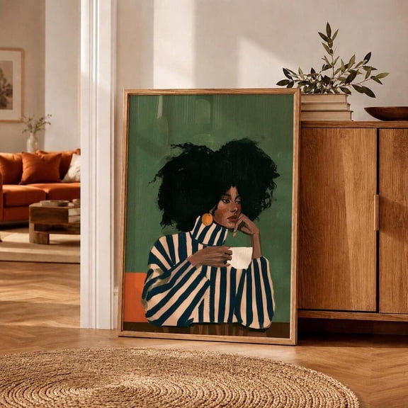 Black Woman Portrait Canvas Wall Art, African American Lady with Coffee Cup Striped Turtleneck Painting, Modern Figure Wall Decor for Living Room Bedroom