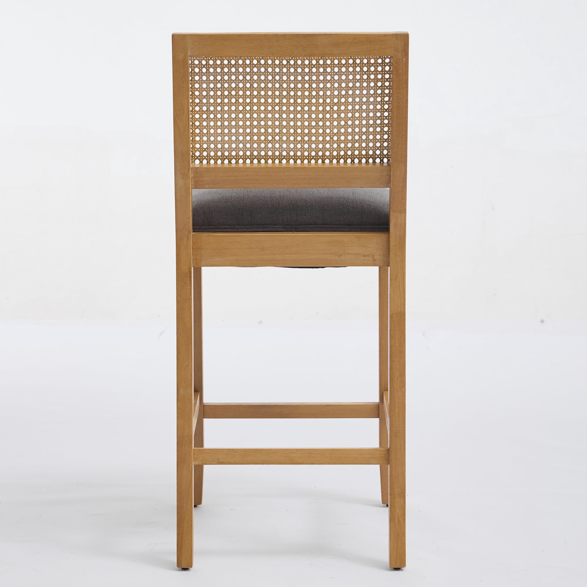 Solid Wood Rattan Back Bar Stools Set of 2 Rustic Style Counter Stools with Linen Cushion and S Springs for Kitchen Island Cafe