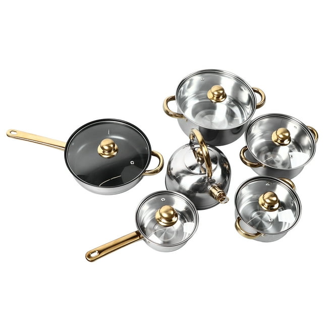 Kitchen Pots, Gold Handle 12 Pieces Kitchen Cookware Pots Smoothing Sturdy for Restaurant