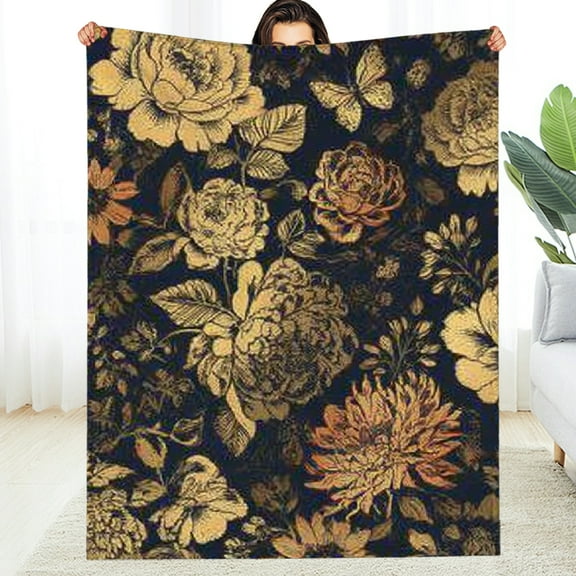 Creowell Floral Pattern Gold Foil Baroque Flannel Blanket, All-Season 30*40in
