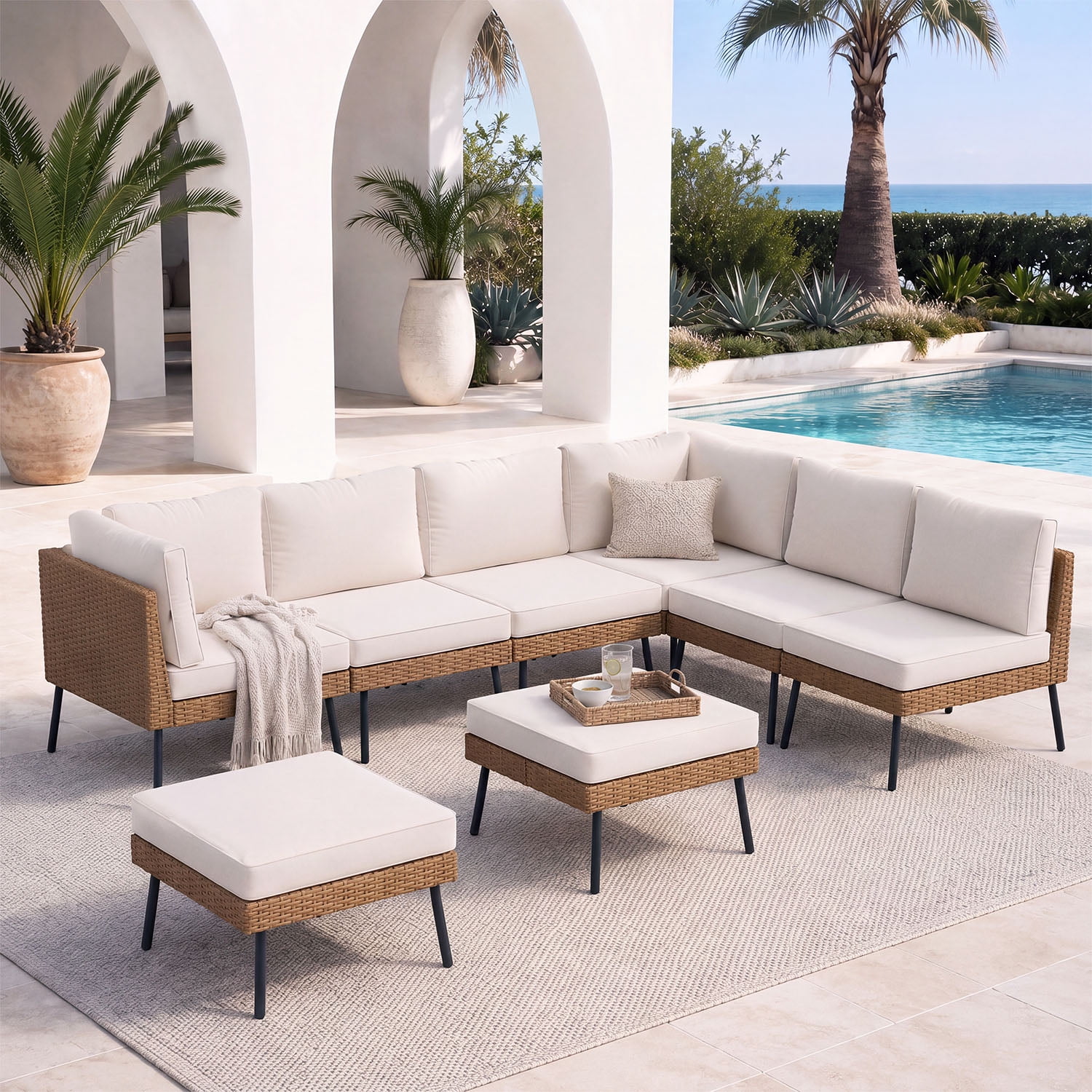 BaPiPro 8-Piece Modular Outdoor PE Rattan Sectional Sofa Set, All Weather Patio Furniture with Removable 4" High Density Cushions & 2 Multifunctional Ottomans for Backyard Garden Courtyard, Beige