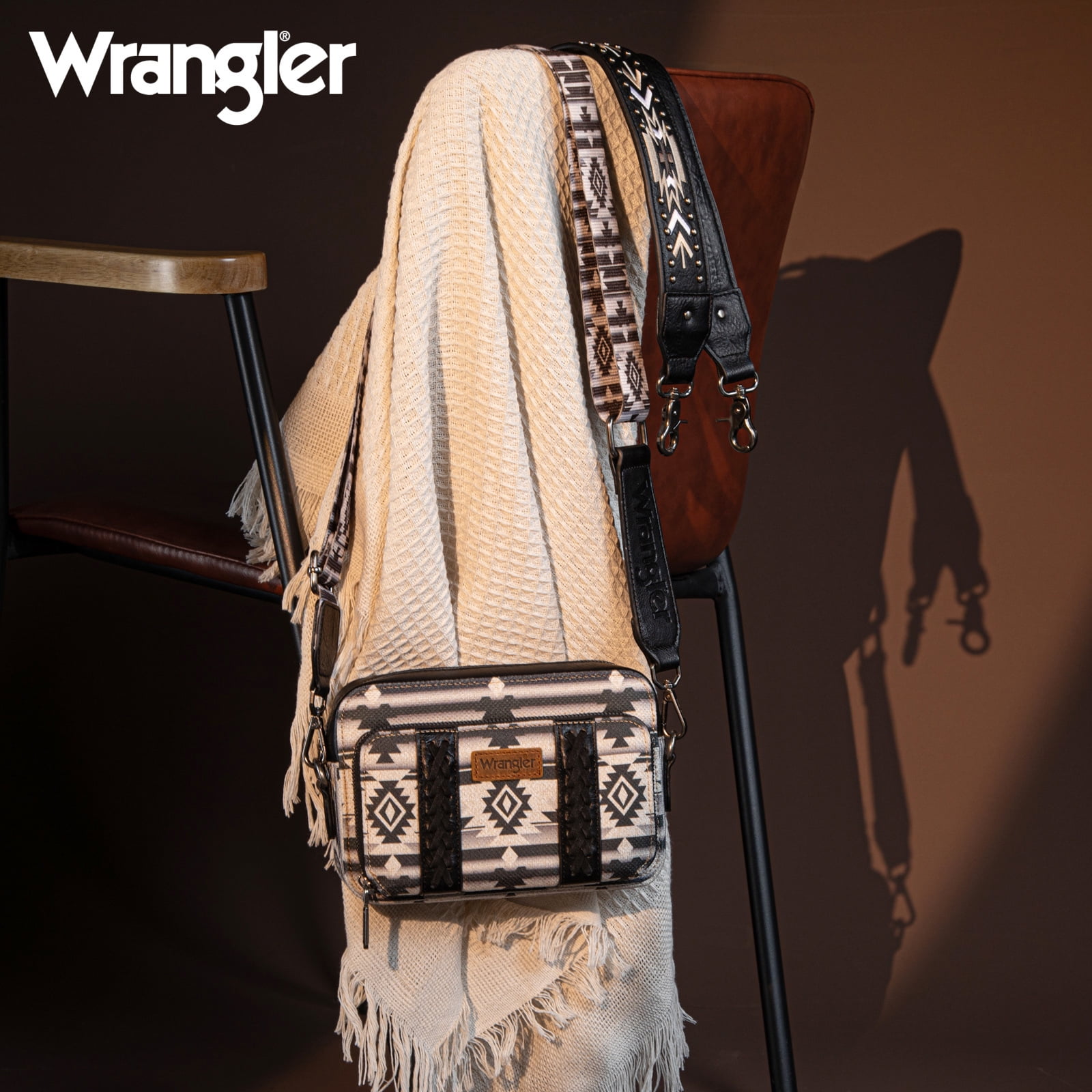 Wrangler Crossbody Bag for Women Boho Aztec Small Multi Pocket Crossover Purse, Black