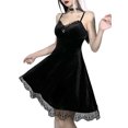 thumbnail image 2 of Vestido evasé con tirantes para mujer, vestido corto con ribete de encaje y cuello en V de color liso XBTCLXEBCO M;Negro, 2 of 6