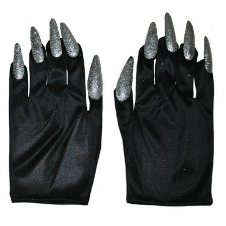 Halloween Costume Witch Nail Gloves, Black with Silver Nails, One-Size, 1 Pair