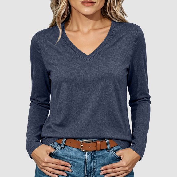 Hurxie Womens Shirts Long Sleeve Tops V Neck Casual Basic Tee Fall Outfits Breathable Comfort Fabric, Versatile Solid Top Navy,M