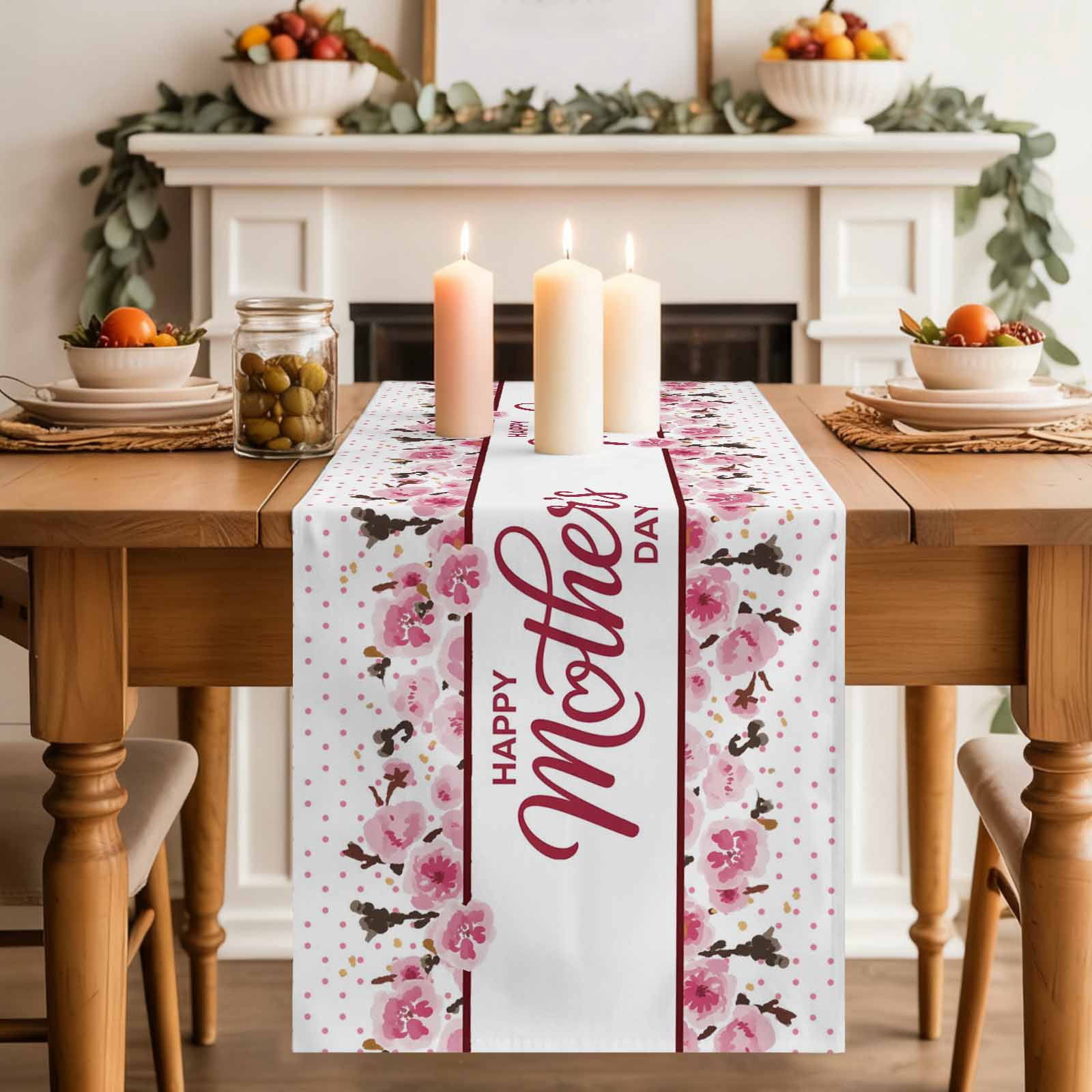 Pink Mother's Day Cotton Linen Table Runner for Dining Kitchen, Watercolor Flowers Modern Polka Dot Striped Wedding Outdoor Party Tablerunners, Dresser Scarf Coffee Tablecloth Runners 13x120 Inches