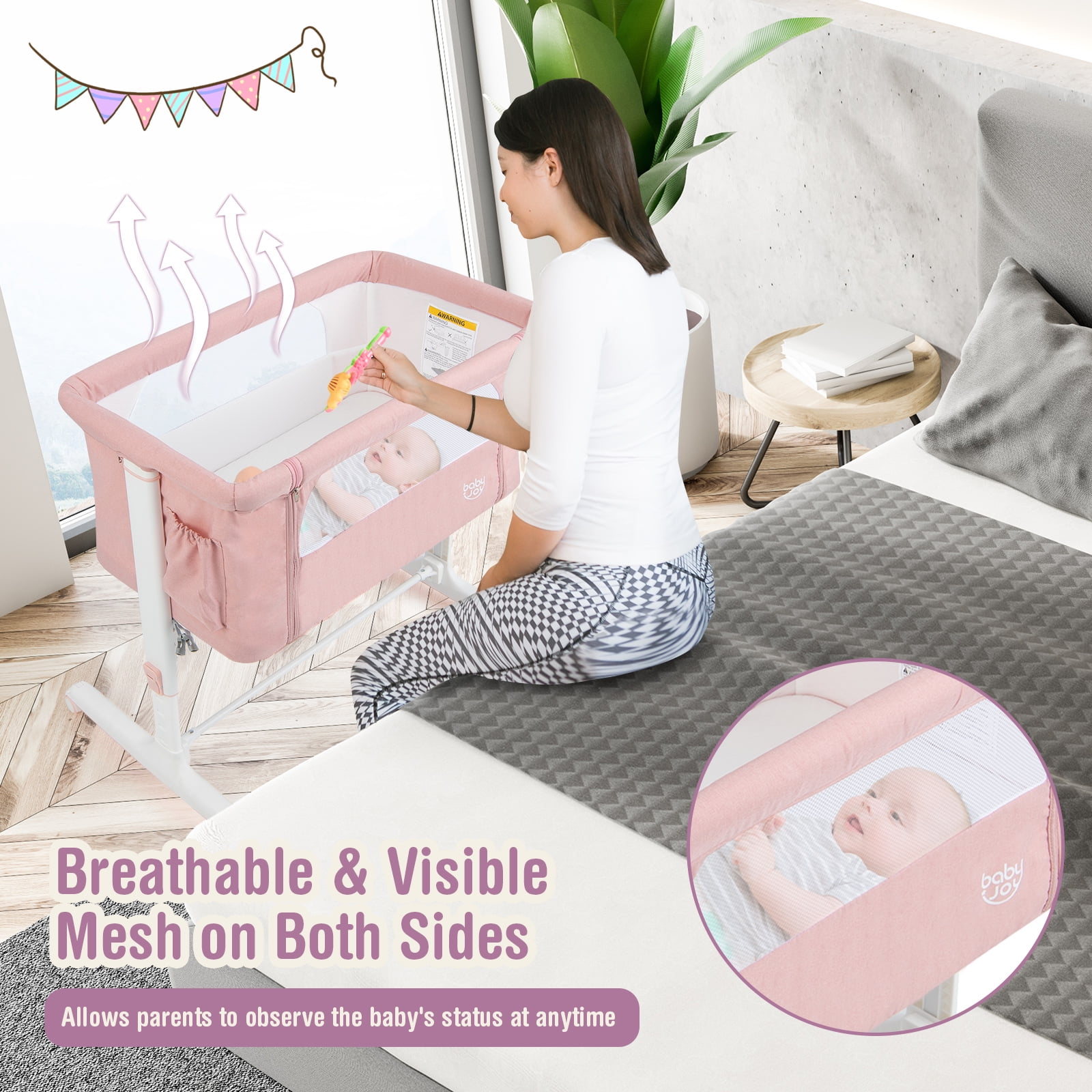 Infans 3-in-1 Baby Bassinet Beside Crib with 5-Level Adjustable Heights Pink