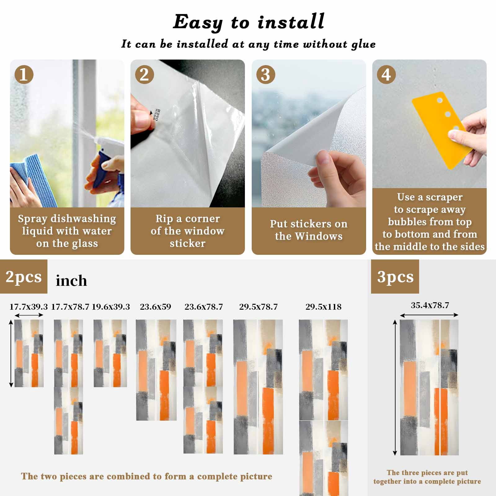 Modern Orange Beige Grey Window Privacy Film, Abstract Geometric Oil Painting Static Cling UV Sun Blocking Tint Film Heat Control Windows Films for Bedroom Bathroom, Window Stickers 29.5"x78.7"