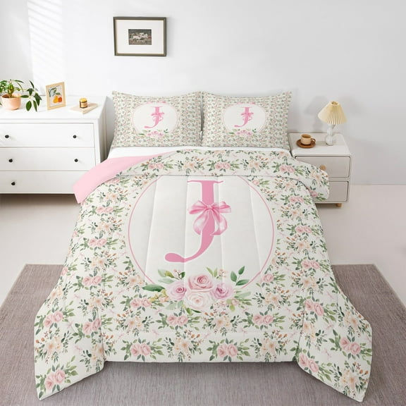 Castle Fairy Monogrammed Letter J 2Pcs Bedding Comforter Set for Teens Boys Girls,Kawaii Bow Twin Comforter Sets,Chic Flower Rose Breathable Bedding Set,Super Cozy Room Decor