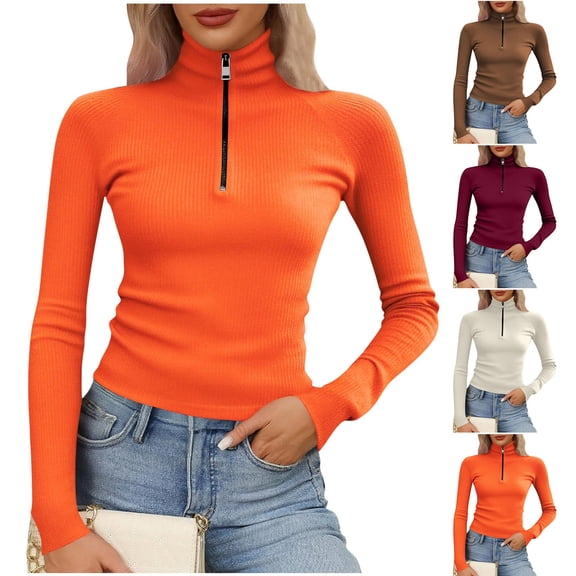 RongHuan Plus Size Half Zip Pullover for Women Basic Ribbed Knit Turtleneck Tunic Tops Soft Tight Classic Long Sleeve Shirts