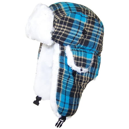 Best Winter Hats Big Kids Quality Tartan Plaid Russian/Trapper Hat W/Faux Fur (One Size) - Blue