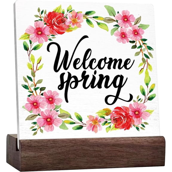 Spring Desk Decor,Welcome Spring Wreath Wood Block Plaque Ceramic Desk Sign for Home Office Farmhouse Garden Desk Shelf Table Decoration,Spring Table Decor Wood Block Sign