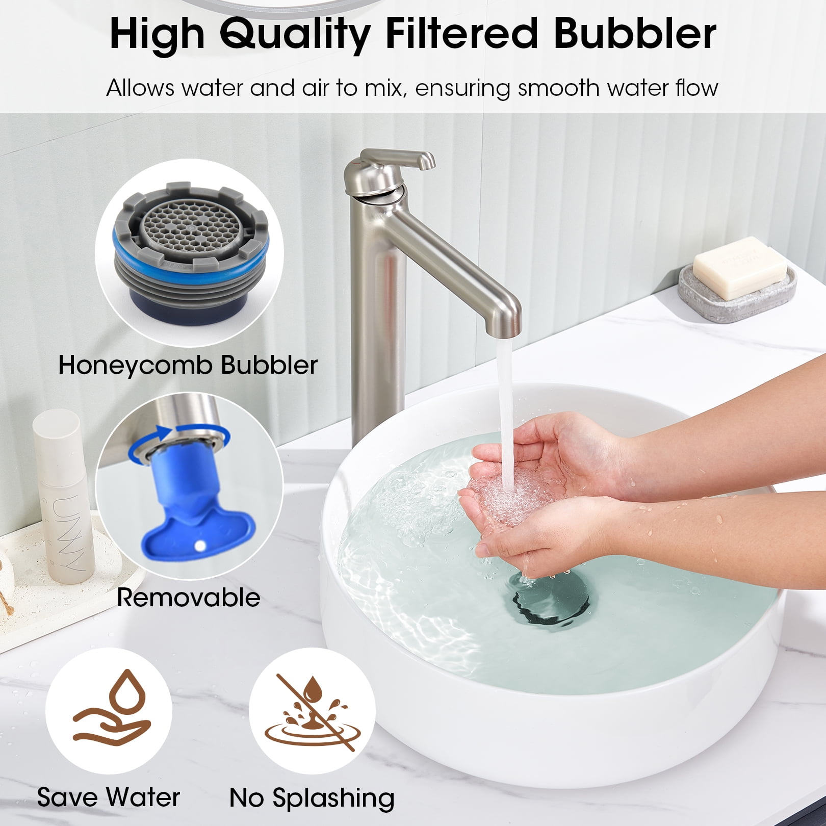 Wowkk Brushed Nickel Bathroom Faucets 9.84" High Spout Tall Basin Faucet, Single Handle Bathroom Sink Faucet with Pop Up Drain and Faucet Supply Lines