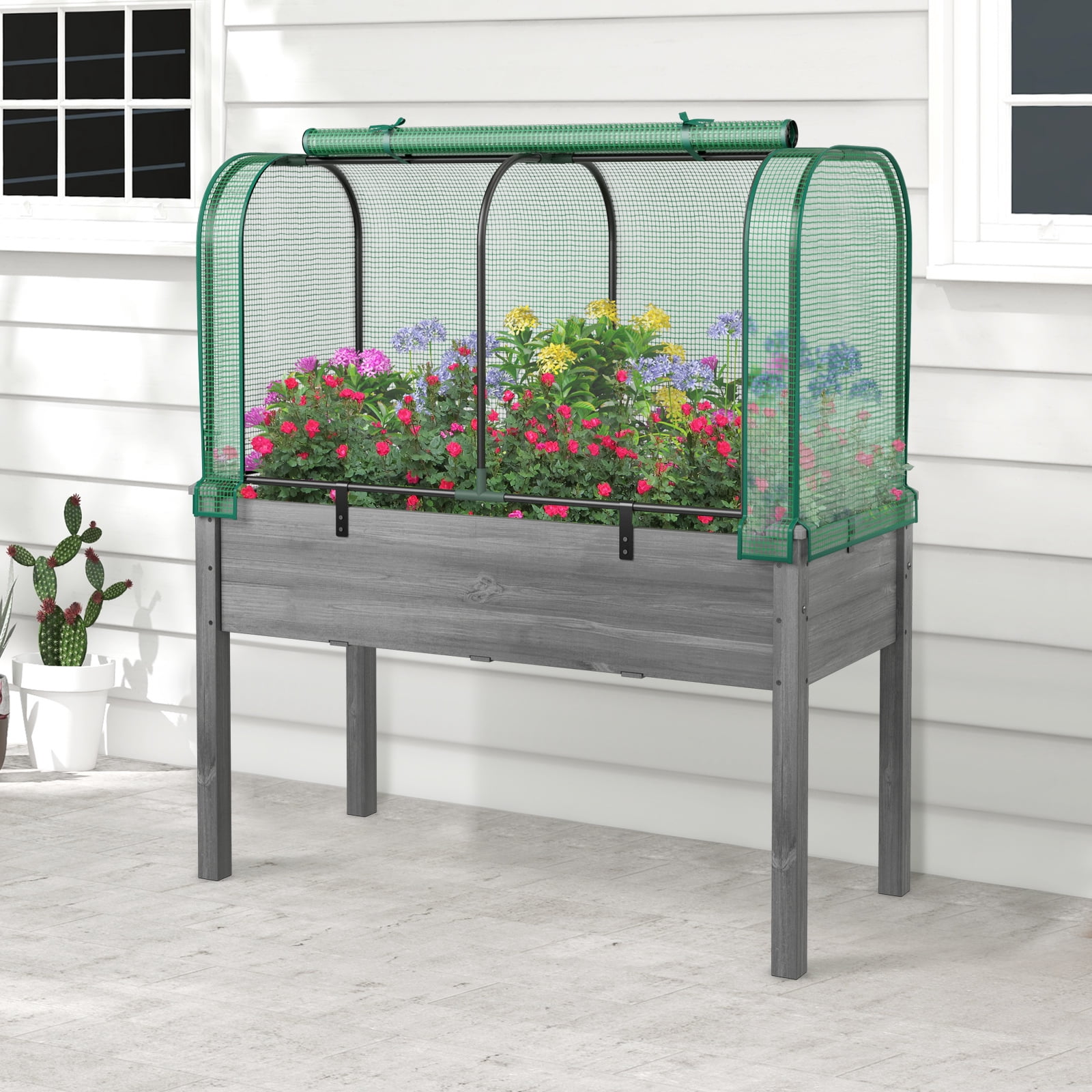 Topbuy Raised Garden Bed with Greenhouse Waterproof Sun-Protective Green Hot House Green+Grey