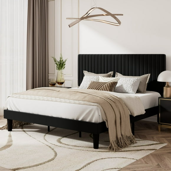 Amolife King Size Upholstered Platform Bed Frame with Adjustable Velvet Headboard, Black