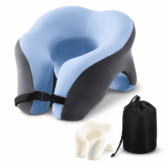 SEISSO Travel Neck Pillow, Memory Foam Airplane Pillow and Nap Pillow with Removable Washable Cover, Portable Neck Support Pillow with Storage Bag for Flights, Car and Office, Blue
