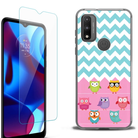 Slim-Fit Protective Phone Case (Black) compatible with Motorola Moto G Pure 5G, with Tempered Glass Screen Protector, by OneToughShield ® - Chevron/Teal/Owl