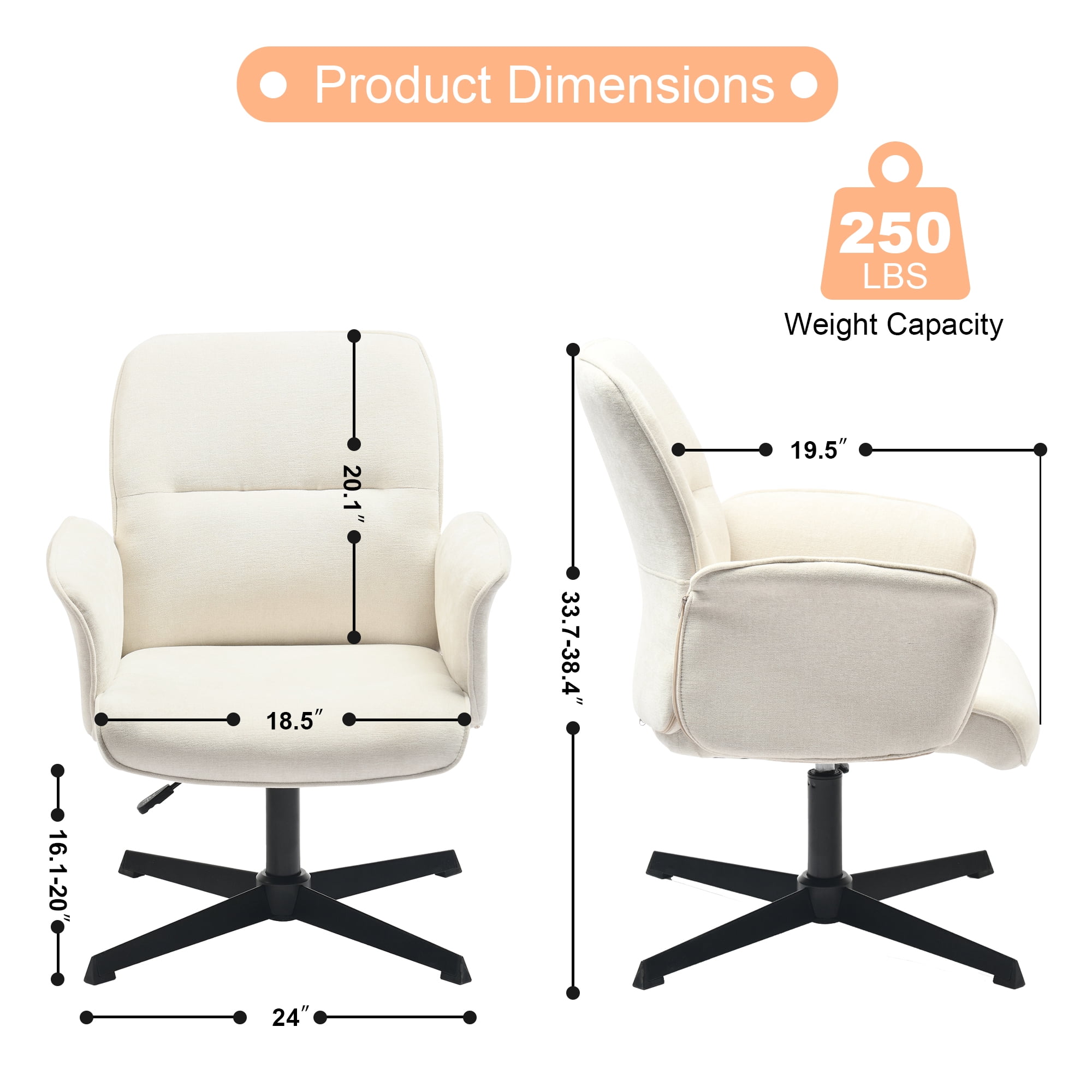 Homy Casa Off White Upholstered Swivel Desk Chair with Arms and Adjustable Height for Vanity