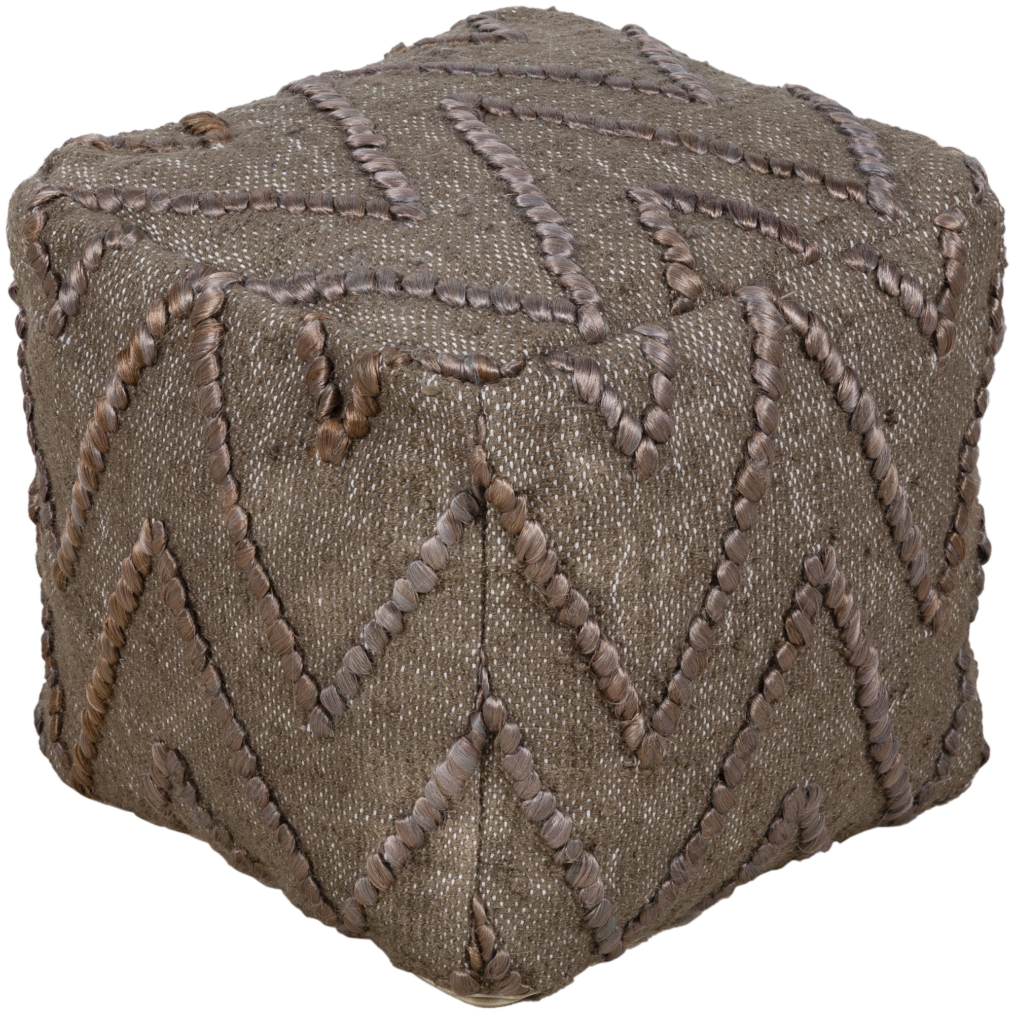16" Brown and Beige Chevron Jute Square Pouf Ottoman