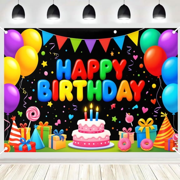 Happy Birthday Backdrop, Colorful Balloon Cake Candy Photo Background Banner for Birthday Party, Photography Booth Decor 16x24in