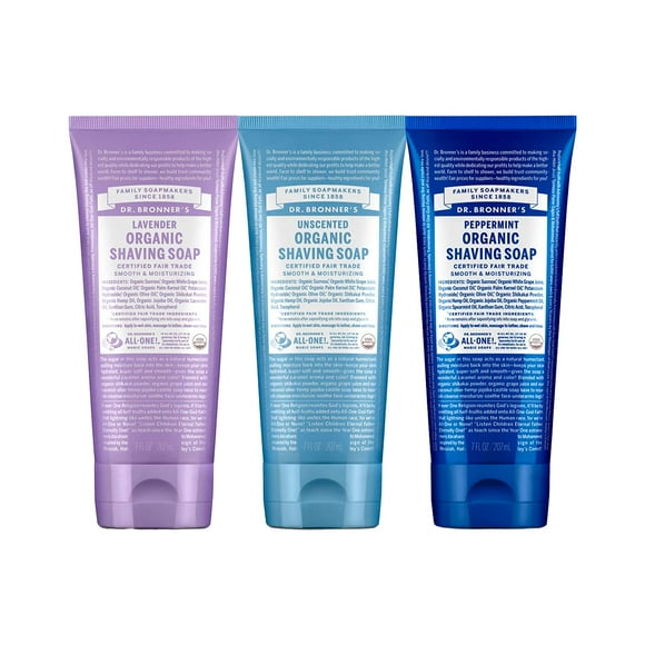 Dr. Bronner's - Savon à Raser Bio (7 oz Assortiment) Lavande, Bébé Non Parfumé, & Menthe Poivrée - Certifié Bio, Poudre de Sucre & Shikakai, Hydrate, à Utiliser sur le Visage, U