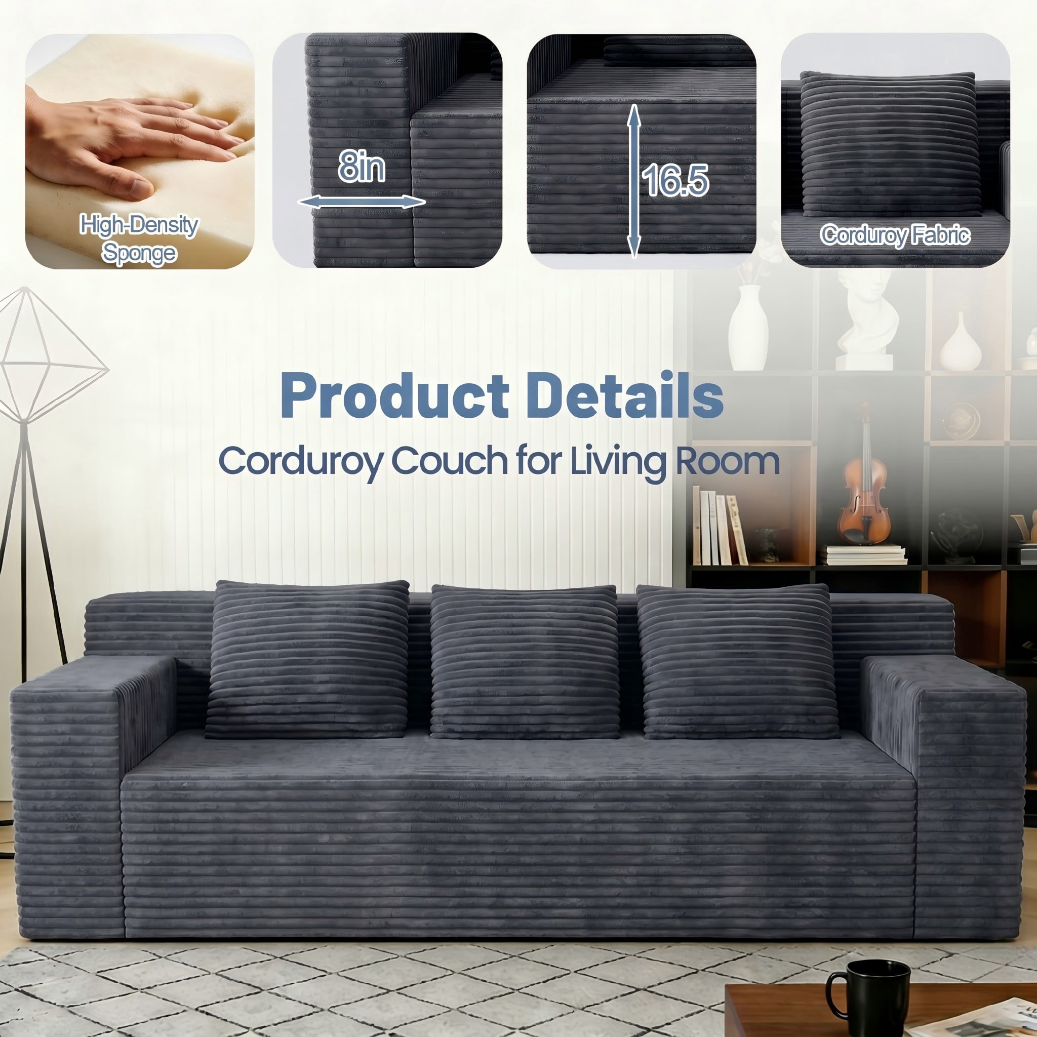 Modern 71" Corduroy Sofa, No Assembly Deep Seat Couch in a Box for Living Room, Dark Grey