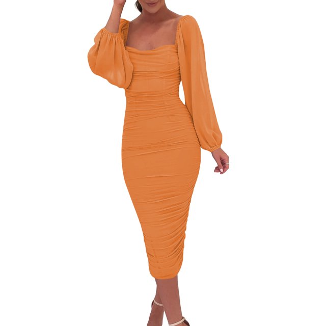 Mialoley Women's Slim Midi Dress Solid Color Long Sleeve Square Neck Slit Ruched Dress Party Gown