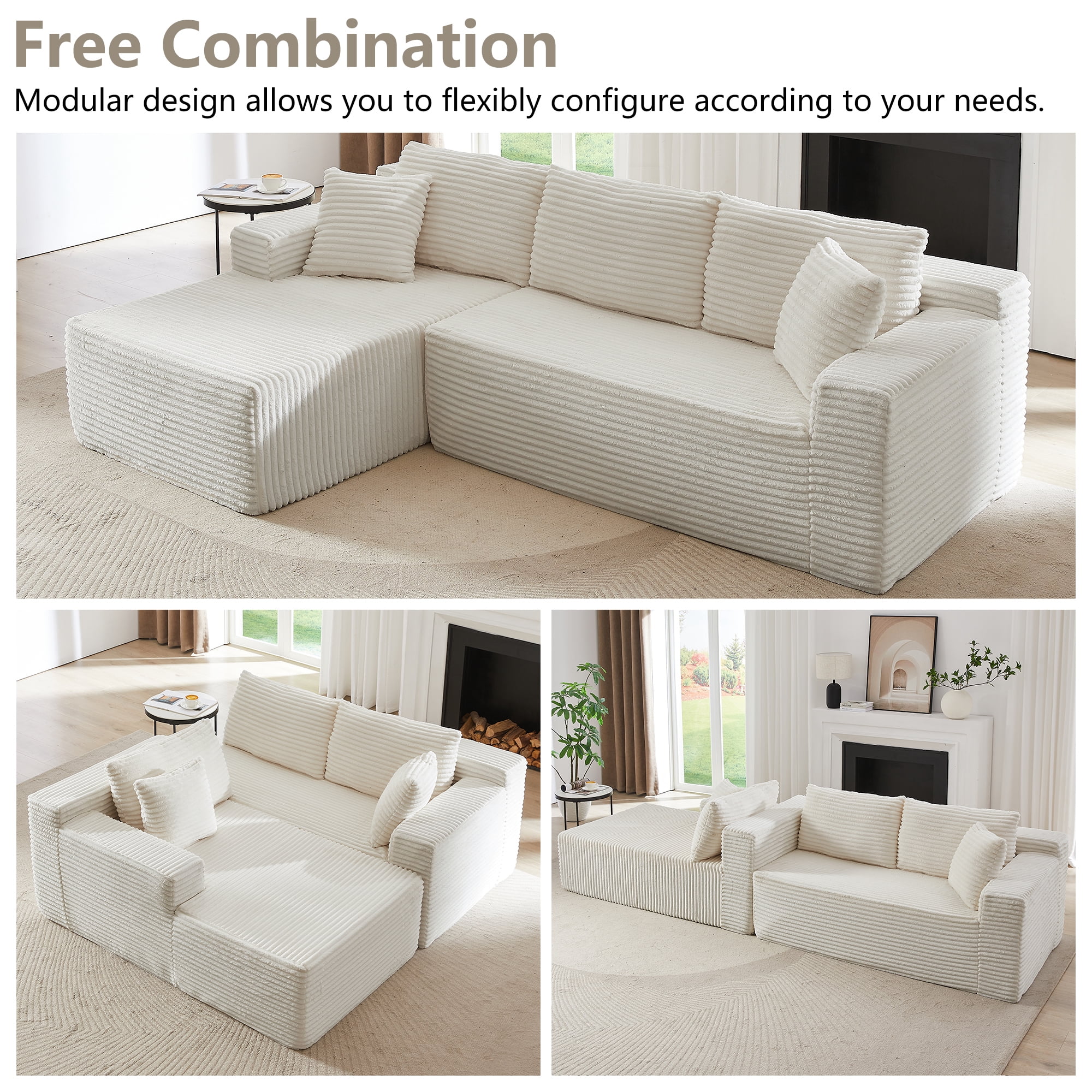 GNIXUU 103” W Corduroy Boneless Couch, L-Shaped Sectional Sofa with Left Facing Chaise, Comfy Memory Foam Cloud Compression Couches for Living Room Home Office, No Assembly,Beige