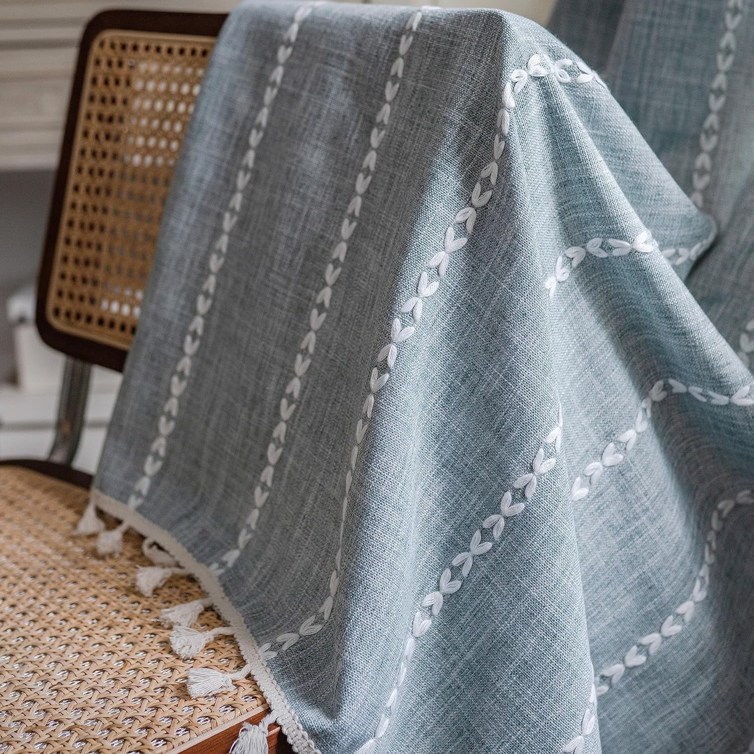 Psoiuetr Blue Boho Curtains for Bedroom Living Room Linen Cotton Embroidered Semi Blackout Farmhouse Window Treatment Drape Vintage Tassels Rod Pocket 1 Panel 52" W x 84" L