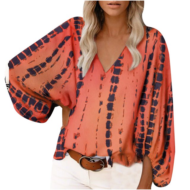 EQWLJWE Blouses à Manches Longues pour Femmes Chemise Ample Confortable Col en V Mode Imprimé Manches Lanterne