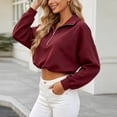 thumbnail image 5 of Qgtaibl Women Quarter Zip Cropped Sweatshirts Drawstring Hem Lapel Workout Shirt Lantern Long Sleeve Loose Fit Casual Pullover Tops Wine S, 5 of 9