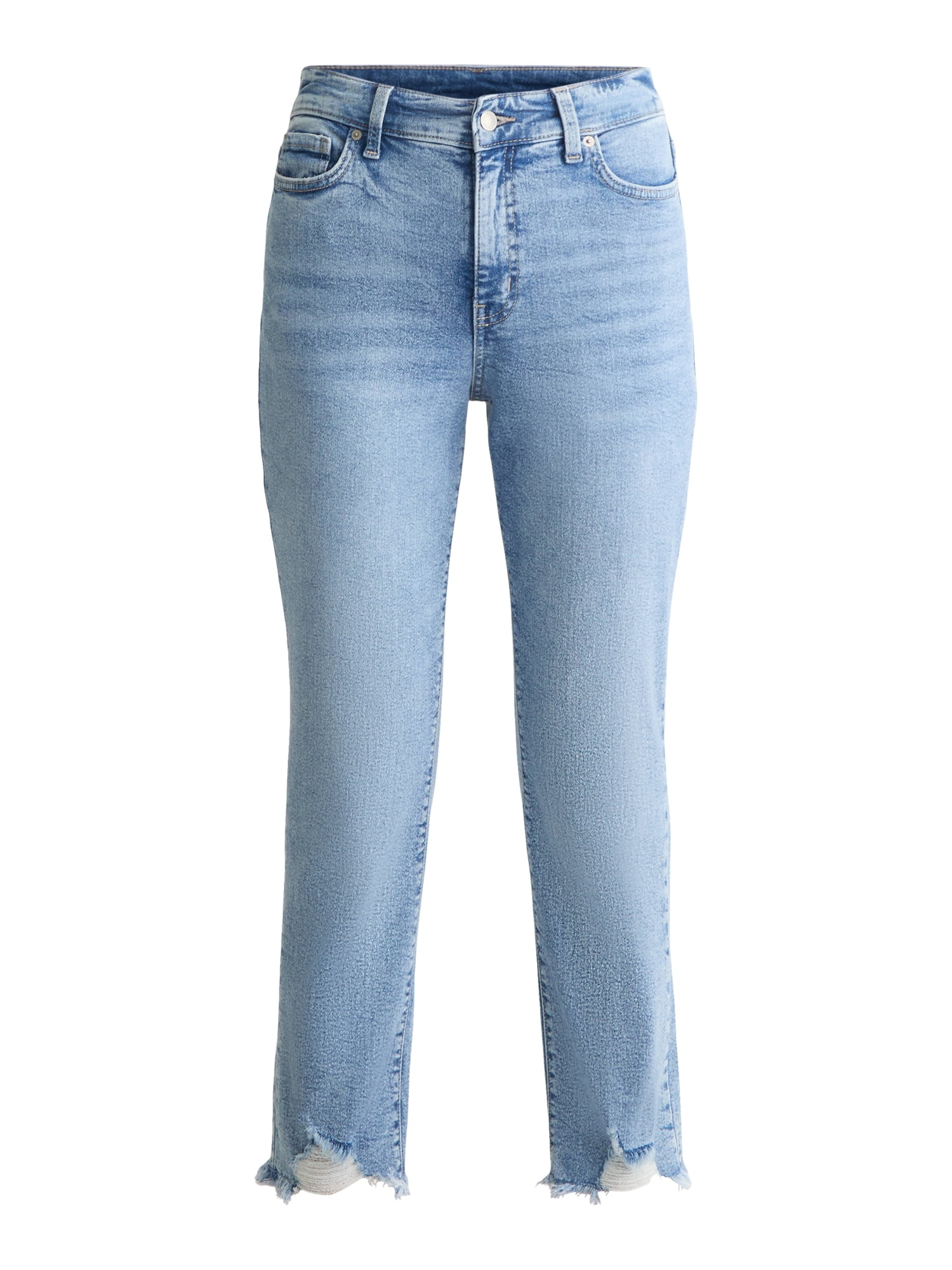 Time and Tru Women's High Rise Straight Leg Destructed Hem Jeans, 26" Inseam, Sizes 0-20