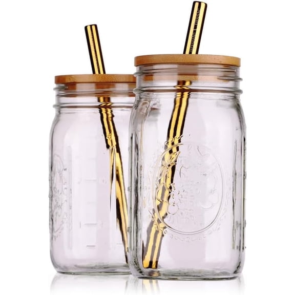 Reusable Boba Bubble Tea & Smoothie Cups - 2 Glass Wide Mouth 32oz Mason Jars with Bamboo Lids - 2 Reusable Gold Stainless Steel Boba Straws