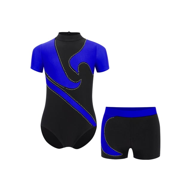 RUNQHUI Kids Boys Gymnastics Dance Performance Outfit Color Block Ballet Leotard with Shorts Set Royal Blue 10