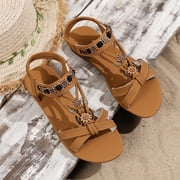 Womens Shoes Fashionable Casual Wear Round-Headed Open-Toe Comfortable Flat-Bottomed Ethnic Styleflower Decoration Elastic Roman Sandals Brown 39