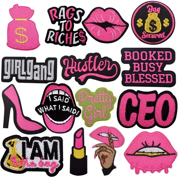 15pcs Phrase Embroidered Iron on Patches Personalized Girly Lips Lipstick High-Heel Shoe Trucker Hat Patch Sewing Repair Accessories for DIY Clothing T-Shirt Bags Jeans Decor