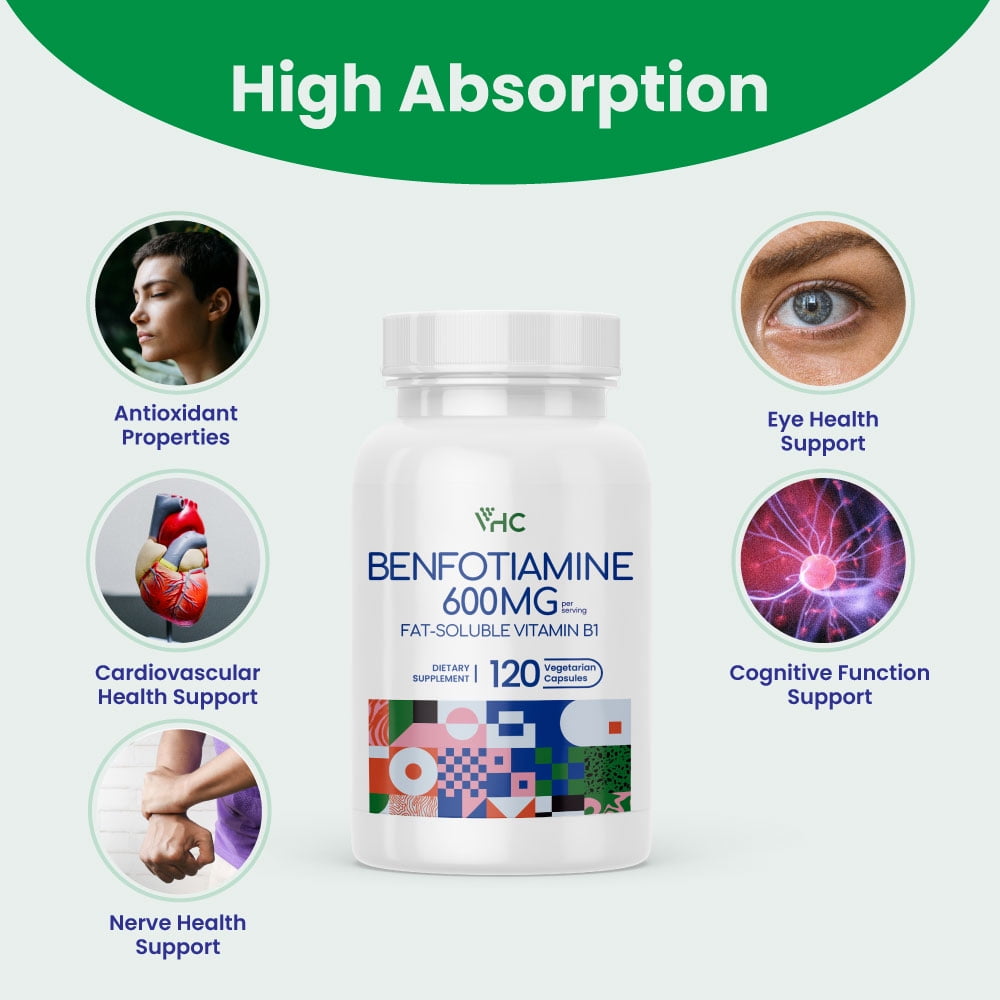 VHC Vitamin B1 Benfotiamine Supplement 600mg Fat-Soluble Thiamine 120 Veggie Capsules