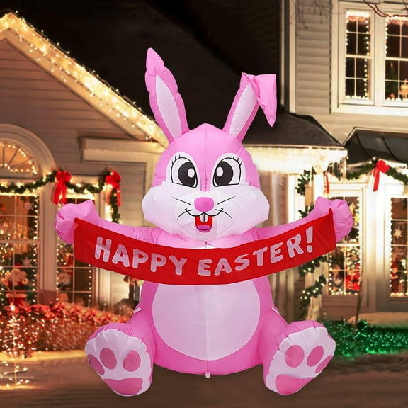 Belita Amy 5 Ft Inflatable Easter Decoration , Inflatables Outdoor Decorations Cute Rabbit Blow up Decorations Outdoor, Lighted Bunny Hold Happy Easter Banner, for Lawn Yard Garden Outdoor