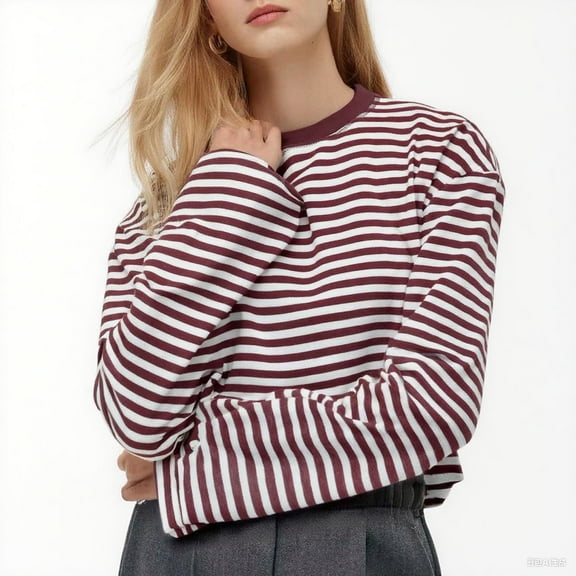 Chbgutlmr Long Sleeve Shirts for Women Loose Casual Crew Neck Striped Color Block Trendy Blouses Tops Fall