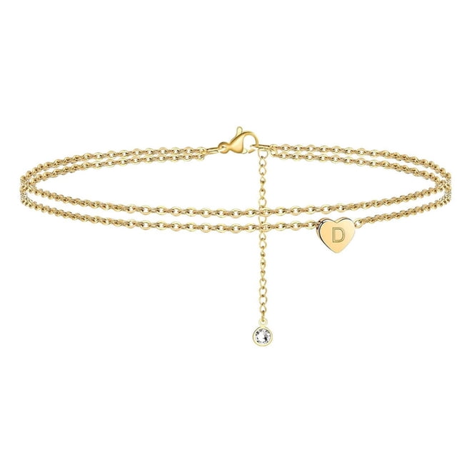 Fiudx Pulseras de Playa con Inicial de Corazón para Mujer (2022), Delicadas Tobilleras En Capas Bañadas En Oro de 14 Quilates, con Inicial de Letra y Corazón, Joyería de Playa.