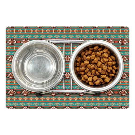 Colorful Pet Mat for Food and Water, Floral and Geometric Cultural Motif Pattern Print, Non-Slip Rubber Mat for Dogs and Cats, 18" X 12", by Ambesonne