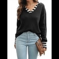 thumbnail image 2 of Suéter de Punto de Corte Regular con Cuello Marinero, Puños y Cuello en V A Rayas para Mujer Negro L, 2 of 8