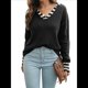 thumbnail image 2 of Suéter de Punto de Corte Regular con Cuello Marinero, Puños y Cuello en V A Rayas para Mujer Negro L, 2 of 8