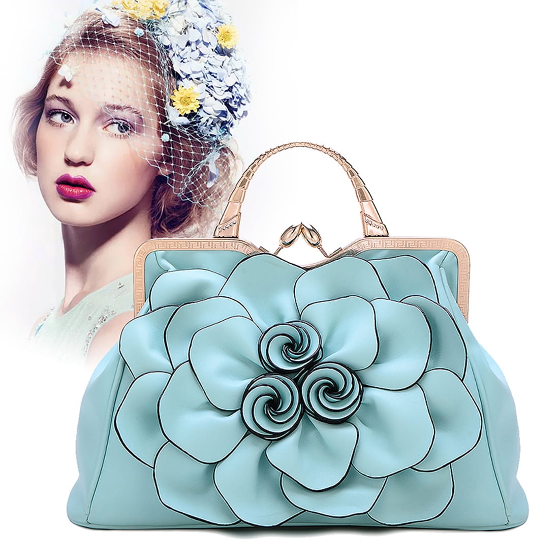 Ruiatoo Handbag for Women Flower Fashion Satchel Tote PU Leather Evening Shoulder Bags with Strap for Party Light-blue