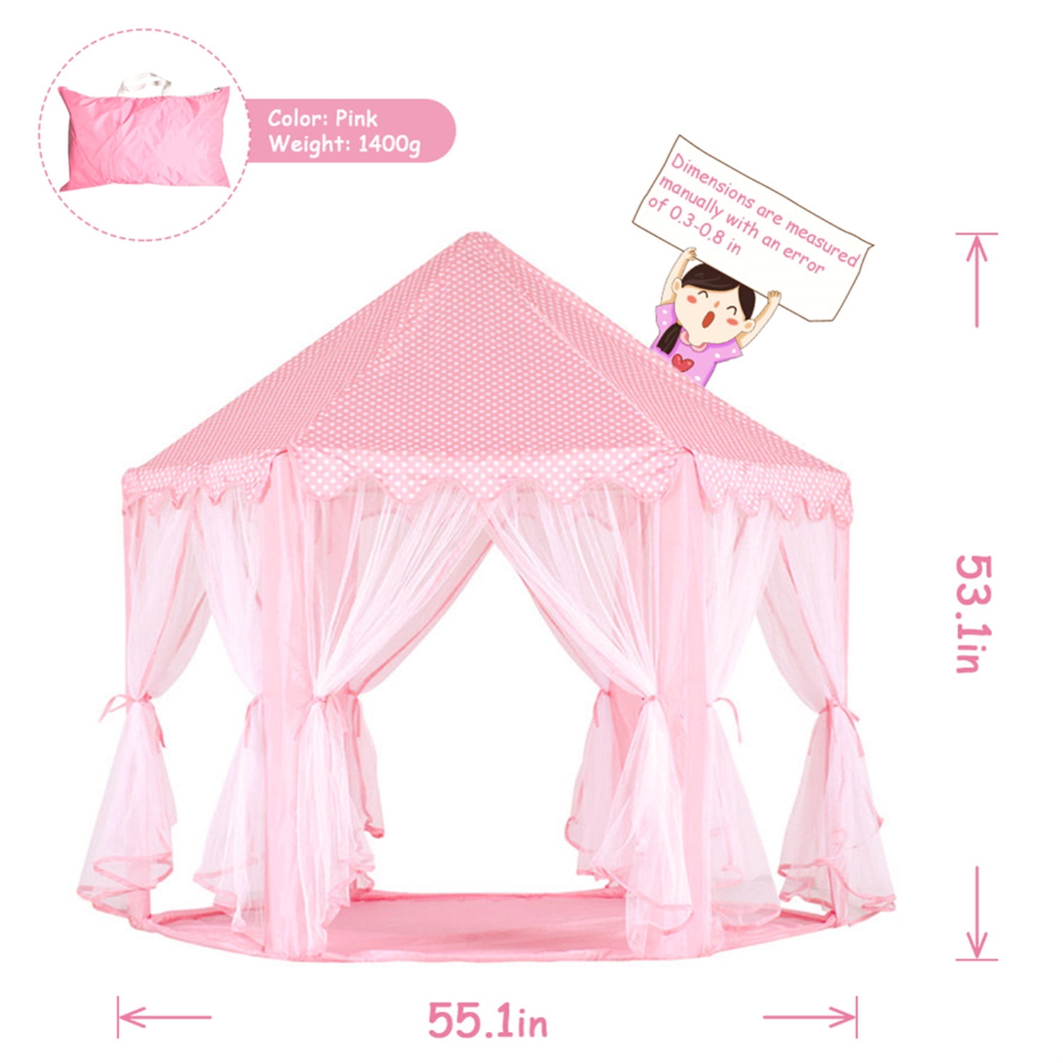 Kepooman Princess Castle Playhouse Tent for Girls with Warm Color LED Lights and Carry Bag, Toddler Kids Play Tent for Imaginative Games, Pink
