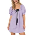 thumbnail image 2 of Square Neck Puff Sleeve Plaid Short Dress Women Stylish Soft Breathable Casual Dress for Daily Outings Coffee Dates Weekend Trips Gatherings Purple S, 2 of 7