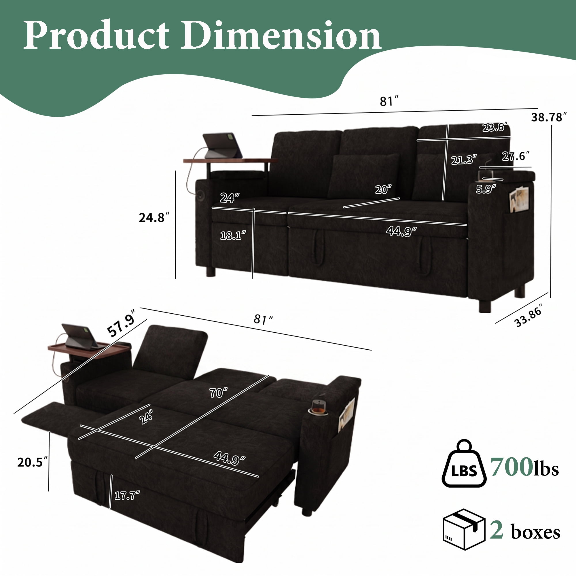 TiramisuBest 81" 3-in-1 Convertible Sleeper Sofa Bed with Power Recliner,Chenille Sofa Couch with Tray Table & USB for Living Room,Black