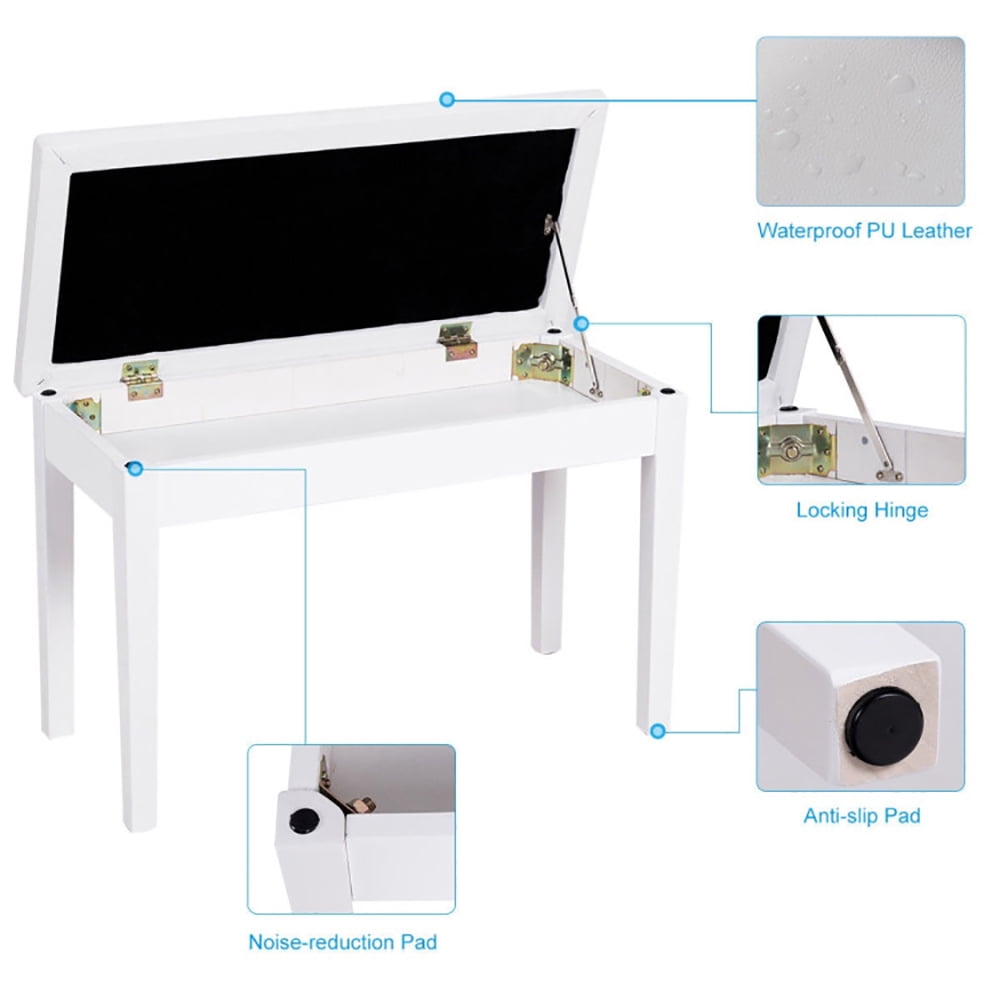 Finihen Piano Bench, Comfortable Piano Stool with Padded Cushion, Solid Wood PU Leather Padded Piano Bench Keyboard Seat, White Finihen Piano Bench, Comfortable Piano Stool with Padded Cushion, Solid Wood PU Leather Padded Piano Bench Keyboard Seat, White